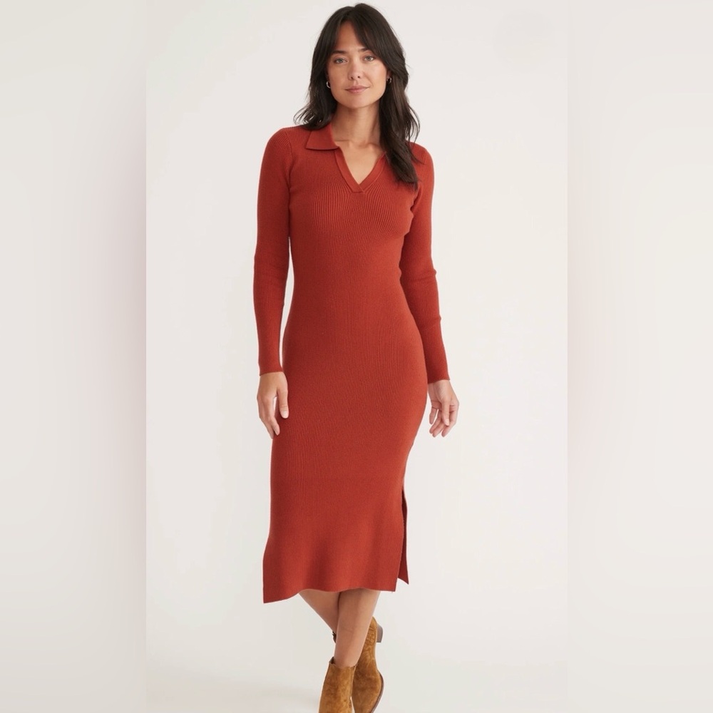 Marine Layer Burnt Henna Lexi Sweater Rib LS Polo Dress